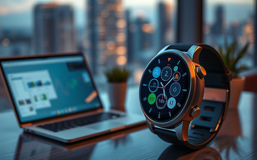 ساعة ذكية عصرية ومستقبلية (ترمز لتطور أجهزة قابلة للارتداء لعام 2026) تعرض واجهة متقدمة لمراقبة المؤشرات الصحية، مثل قياس السكر بدون وخز.