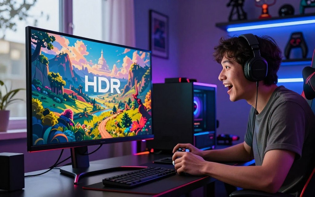 مقارنة بصرية بين تشغيل وإيقاف تقنية HDR في لعبة إلكترونية لإظهار تفاصيل الإضاءة