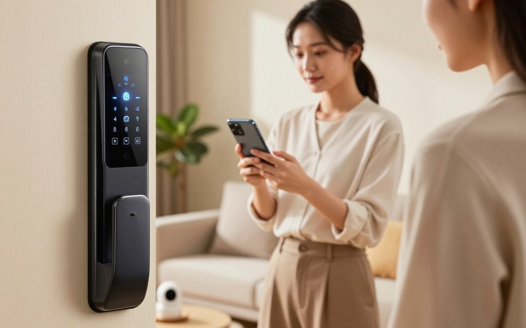 قفل ذكي متطور يتم التحكم به عبر الهاتف الذكي لتأمين المنزل.