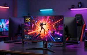 شاشة ألعاب منحنية تعرض لعبة فيديو بدقة 4K مع توضيح لمعدلات التحديث والفرق بين أنواع اللوحات IPS وVA وOLED.