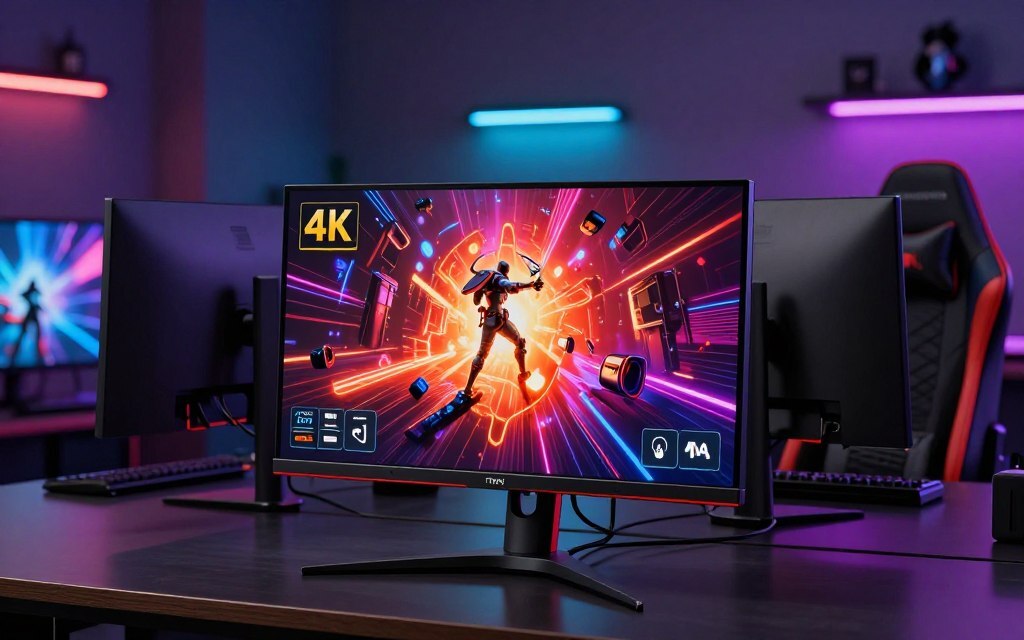 شاشة ألعاب منحنية تعرض لعبة فيديو بدقة 4K مع توضيح لمعدلات التحديث والفرق بين أنواع اللوحات IPS وVA وOLED.