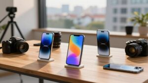 مجموعة من أفضل هواتف الكاميرا لهواة التصوير الفوتوغرافي معروضة لإظهار العدسات المتطورة.