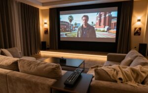 تطبيق ذكي يوضح تفعيل وضع "السينما" في منزلك بضغطة واحدة مع تحكم في الإضاءة والبروجكتر.