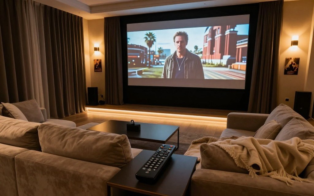 تطبيق ذكي يوضح تفعيل وضع "السينما" في منزلك بضغطة واحدة مع تحكم في الإضاءة والبروجكتر.