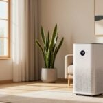 جهاز تنقية هواء ذكي حديث يعمل بتقنية HEPA داخل غرفة معيشة عصرية لتعزيز جودة الهواء المنزلي.