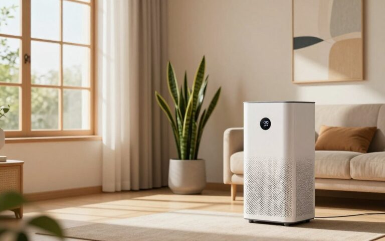 جهاز تنقية هواء ذكي حديث يعمل بتقنية HEPA داخل غرفة معيشة عصرية لتعزيز جودة الهواء المنزلي.